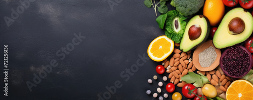 Top view of colorful vegetable mix with nuts with dark background. Healthy food concept. Fresh vegetable, raw food. Copy space for free text © Filip
