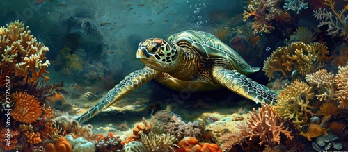 Green sea turtle rests in the ocean floor amidst corals.