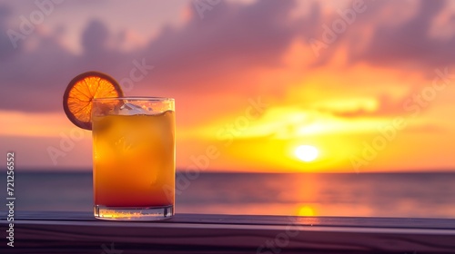 sunset on the beach, a cocktail against a sunset, symbolizing leisure and hospitality