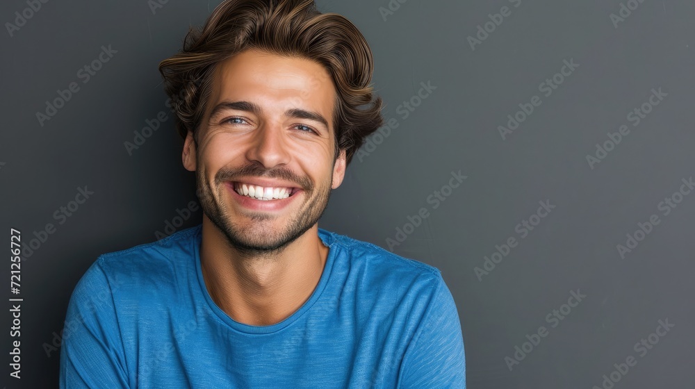 Close up portrait of smiling handsome guy in blue t-shirt isolated on gray background Close up portrait of smiling handsome guy in blue t-shirt isolated on gray background