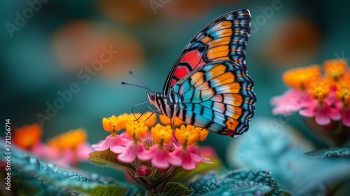 Colorful Butterfly Macro, Close-up of a vibrant butterfly resting on a flower, showcasing intricate details and colors © Nico