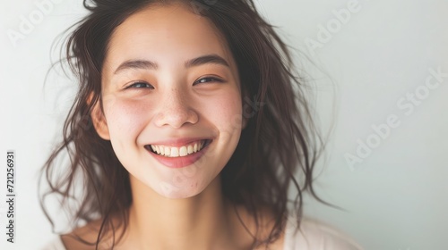 Close-up portrait of yong woman casual portrait in positive view, big smile, beautiful model posing in studio over white background.
