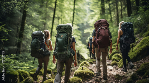 A group of friends is hiking through a lush forest trail