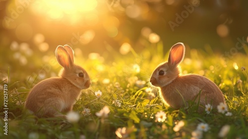 Cute little easter bunnies on green grass at sunset