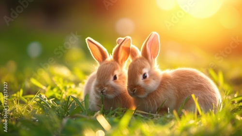 Cute little easter bunnies on green grass at sunset