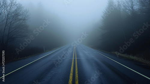 A photograph illustrating a foggy road disappearing into the mist