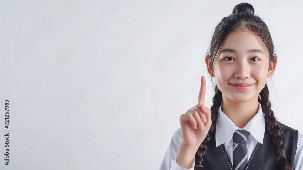 Happy pretty Asian student girl in school uniform pointing finger up isolated on white background. Happy pretty Asian student girl in school uniform pointing finger up isolated on white background.