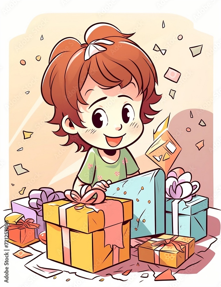 Illustration of little girl opening birthday gits Illustration of little girl opening birthday gits