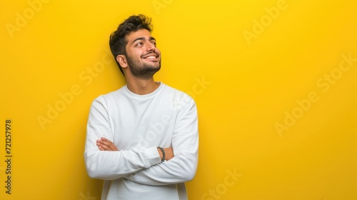 Happy joyful smiling young indian man looking aside up thinking of new good opportunities, dreaming