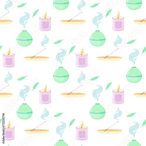 Seamless pattern of yoga, aromatherapy, meditation, incense and singing bowls. For your fabric or design. 