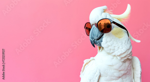 A white cockatoo donning stylish sunglasses poses confidently, with a punchy pink background adding a pop of color to the playful scene photo