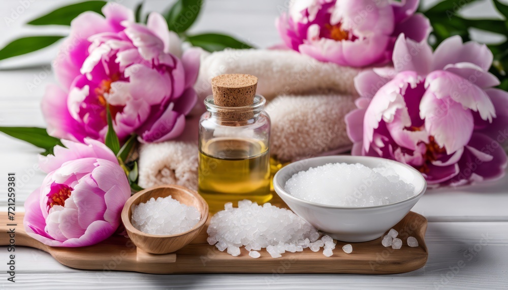 A wooden tray with flowers, salt, and oil