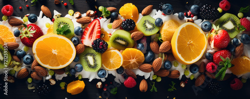 Close up photo of mix of fresh fruit and nuts  healthy food concept