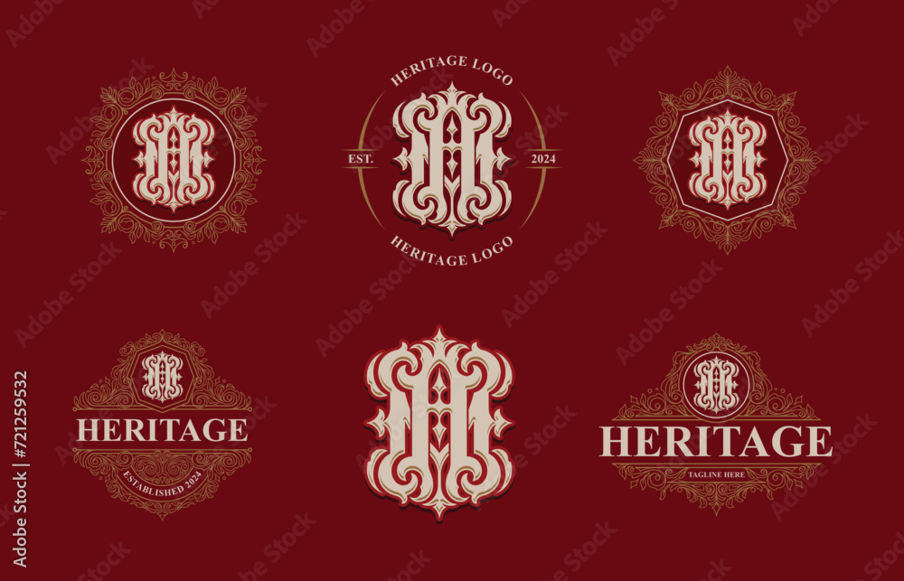 Victorian style monogram with initial AM or MA. Templates set designs. Can be applied on stationery, invitations, signage, packaging, or even as a branding element and etc