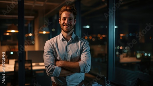 Portrait of a smiling young businessman standing alone in a dark office while working late