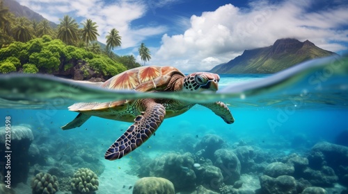 A Hawaiian green sea turtle swims on the surface of the Pacific Ocean in Hawaii. Marine life, wildlife concepts. photo