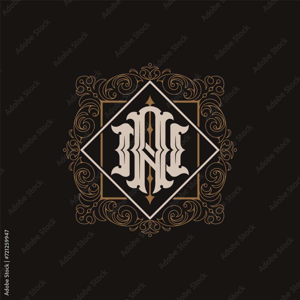 Victorian style monogram with initial AN or NA. Badge logo design. can be applied on stationery, invitations, signage, packaging, or even as a branding element and etc