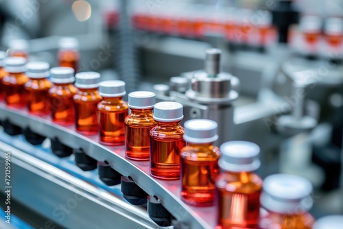 Medical Vials and Vaccines on Advanced Production Line. Laboratory machinery delicately engineers chemical glass bottles, symbolizing the forefront of healthcare evolution. Generative AI