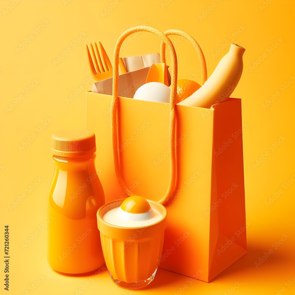 Obraz premium Shopping bag with food on orange background. 3d illustration. Made with generative AI