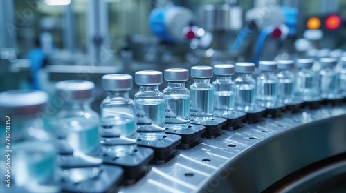 Medical Vials and Vaccines on Pharmaceutical Factory's Production Line. Laboratory machines intricately shape chemical glass bottles, symbolizing the pinnacle of medical ingenuity. Generative AI