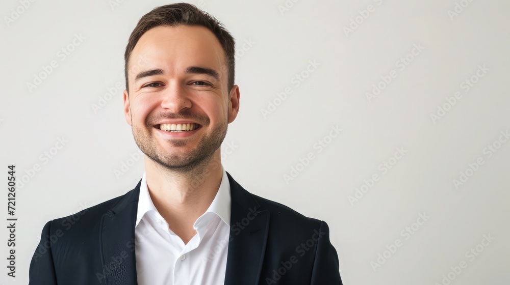 Portrait of handsome caucasian man in formal suit looking at camera smiling with toothy smile isolated in white background. Portrait of handsome caucasian man in formal suit looking at camera smiling with toothy smile isolated in white background.
