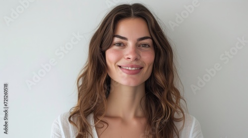 Portrait of authentic happy woman without makeup  smiling at camera  standing cute against white background.