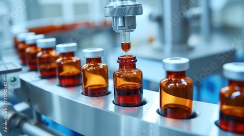 Precision Production of Medical Vials and Vaccines. Laboratory machines meticulously craft chemical glass bottles, symbolizing the forefront of healthcare evolution. Generative AI