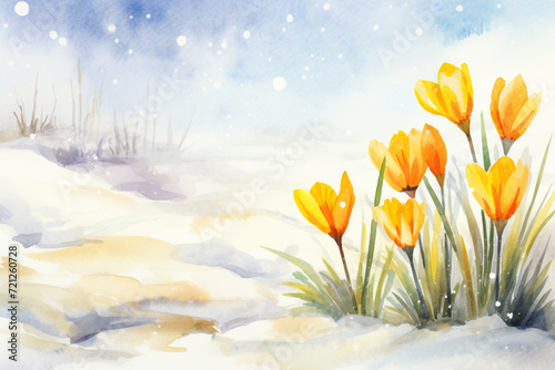 the first yellow crocuses, located on the right, make their way through the snow, symbolizing the beginning of spring and a new life,the concept of spring design and marketing, watercolor illustration © Наталья Лазарева