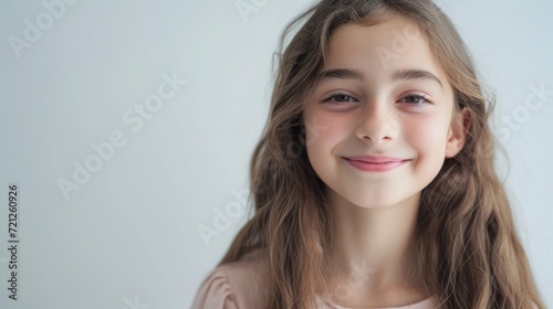 Portrait of young beautiful cute cheerful girl smiling looking at camera over white background