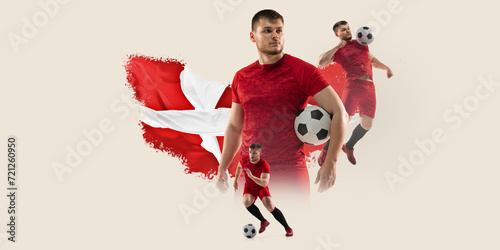 Serious man, soccer player representing team of Denmark. Danish flag on background. Creative collage. Concept of football sport, championship, game, competition, tournament. Poster for sport events