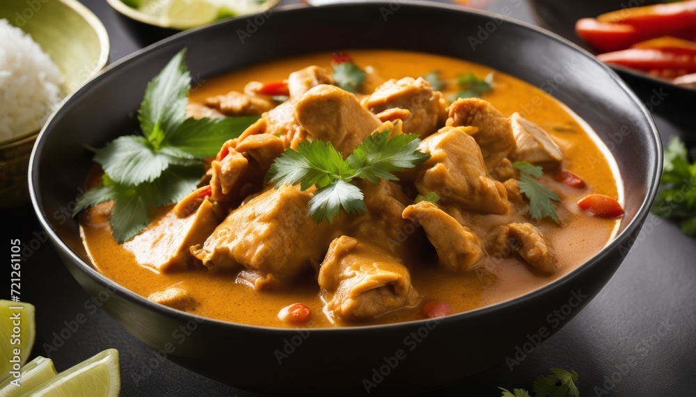 A bowl of chicken curry with cilantro garnish