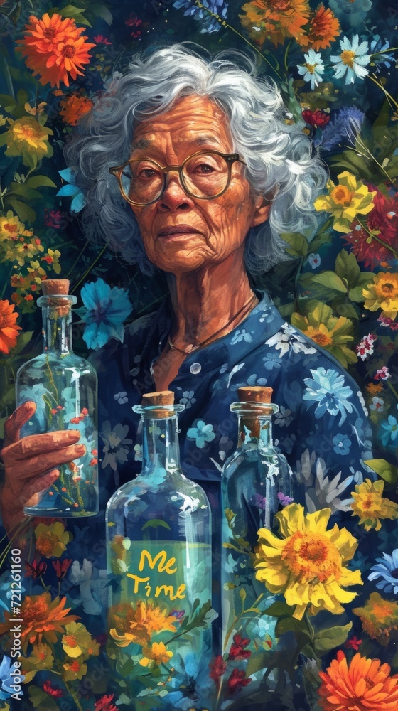 A painting of an old woman holding two bottles A painting of an old woman holding two bottles