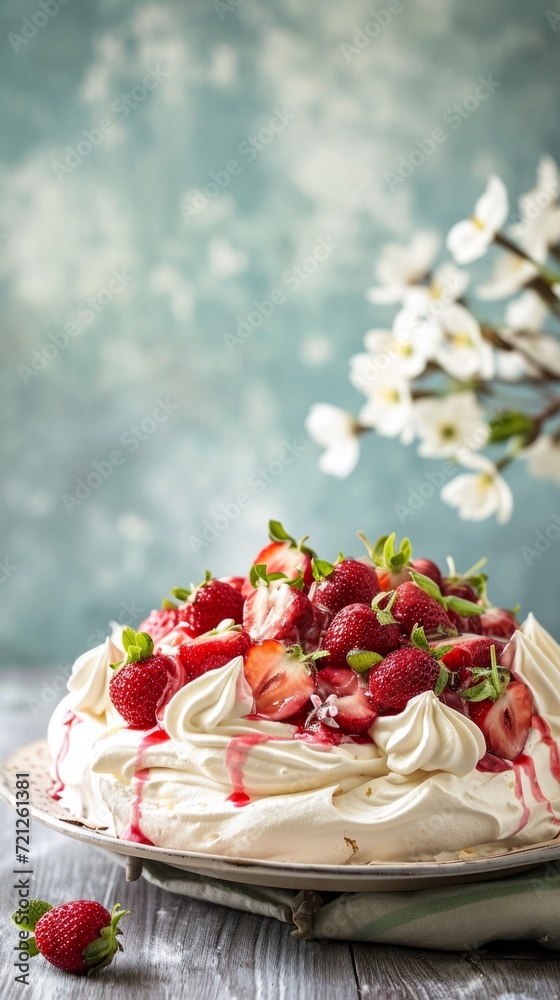 A cake with strawberries and whipped cream on a plate A cake with strawberries and whipped cream on a plate