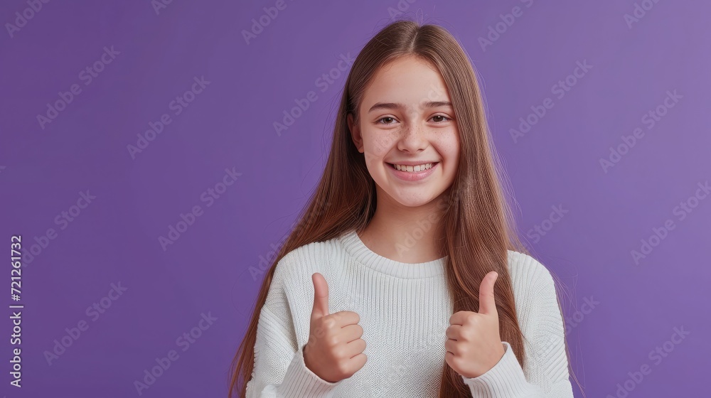 Teenager Russian student girl isolated on purple background with thumbs up gesture and smiling Teenager Russian student girl isolated on purple background with thumbs up gesture and smiling