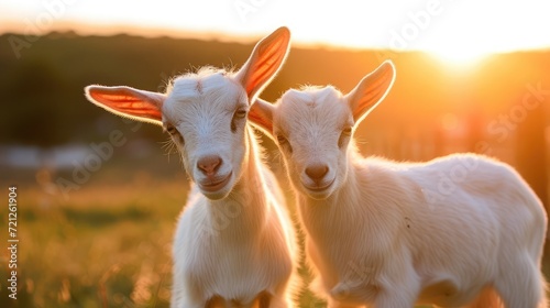 Two little goats looking at the camera on a farm in the sunset © buraratn