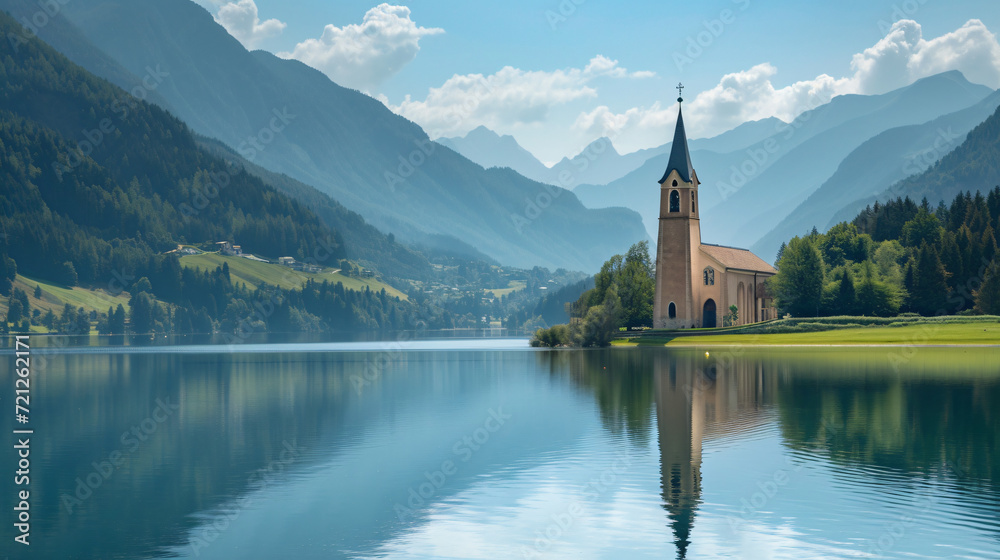 Italy South Tyrol Lake Reschemes with steeple