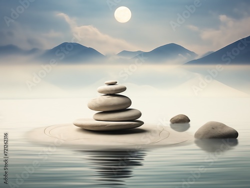 Zen  stack of stones sits on top of a rock in the middle of the ocean.