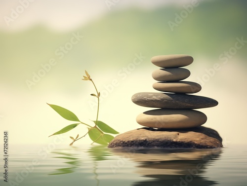 Zen  stack of stones sits on top of a rock in the middle of the ocean.