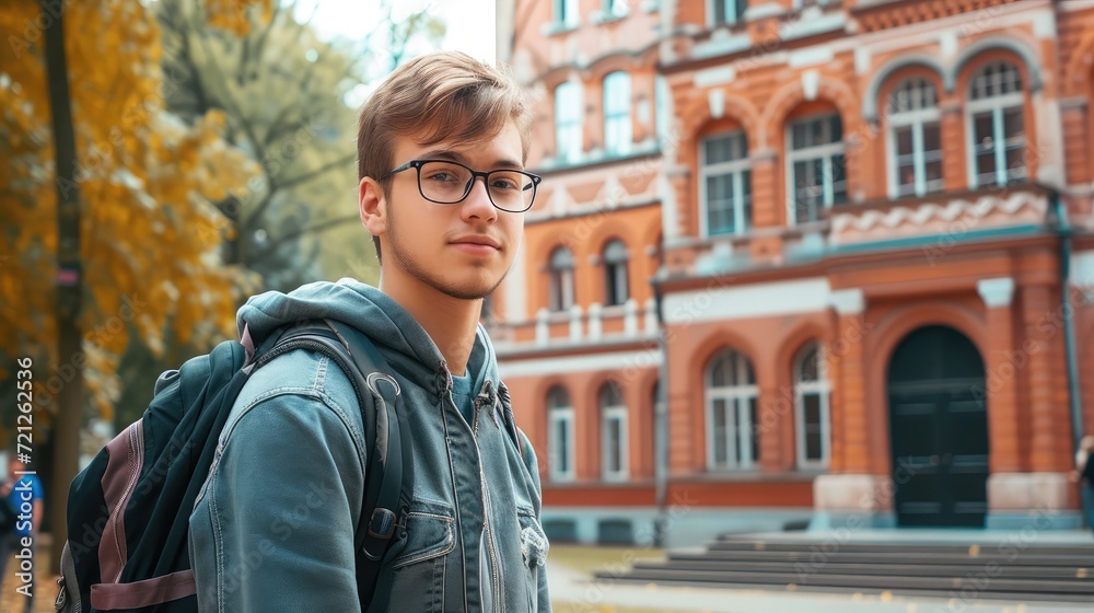 Young student in front of university building looking at camera.