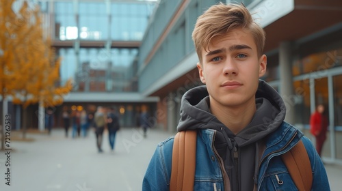 Young student in front of university building looking at camera.