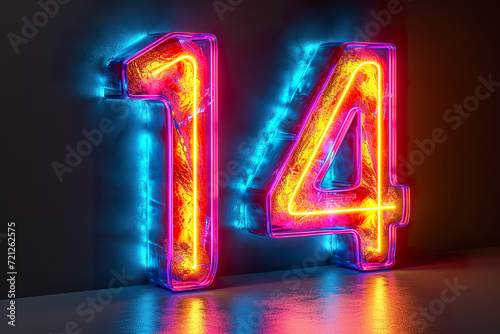 Number 14 - colorful glowing outline alphabet symbol on blue lens flare dark background
