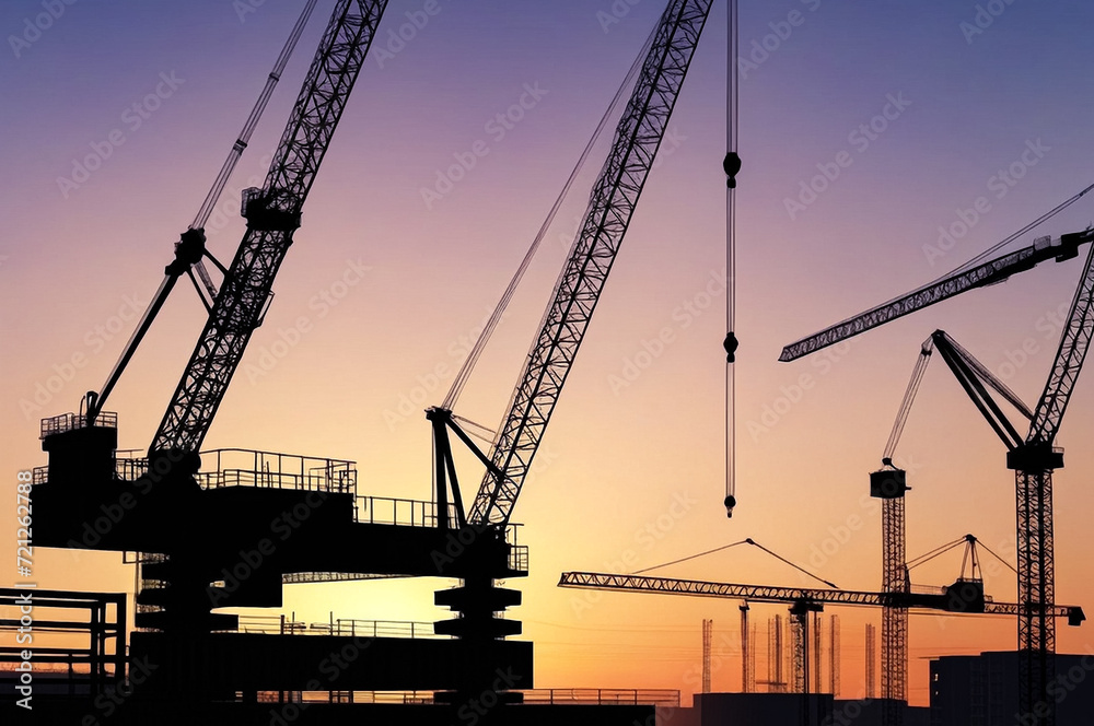 Silhouette of industry crane on construction site at sunset. Industrial crane on creation site house building, aerial view. Construction and renovation of buildings concept. Copy ad text space, banner