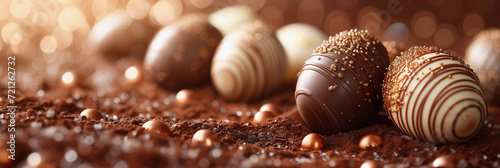 Close up banner of several decorated chocolate eggs in crunched chocolate. Happy Easter concept photo