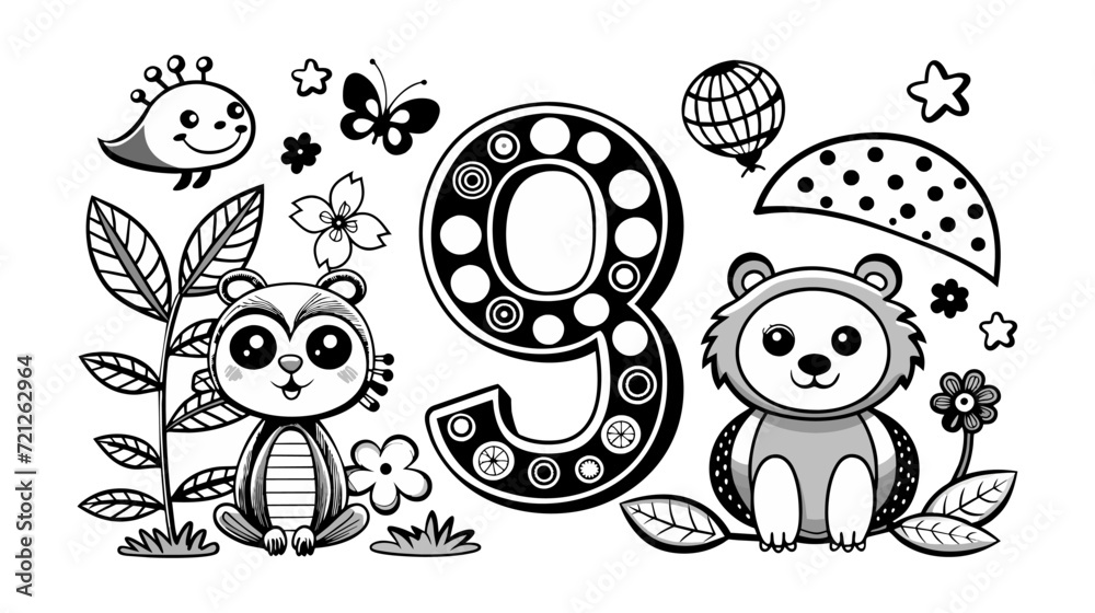 Children's coloring book page with cute animals and number 9 Children's coloring book page with cute animals and number 9