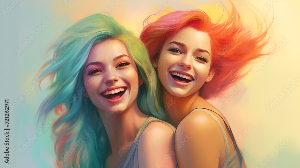Two beautiful cheerful girls with bright hair, friends, hugging, smiling, laughing. They are happy