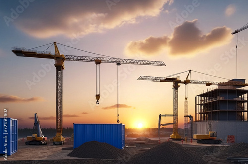 Two industrial cranes on construction site house building at sunset sky background. Industry crane on creation site. Construction and renovation of buildings concept. Copy ad text space for banner