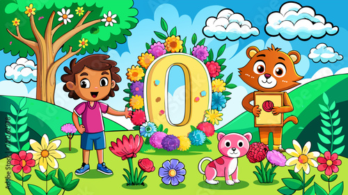 Cheerful children's illustration with animals and flowers in a fantasy landscape
