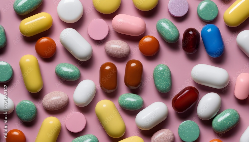 A pink background with a variety of colorful pills A pink background with a variety of colorful pills