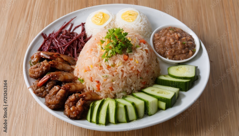 A plate of food with rice, beans, meat, and vegetables A plate of food with rice, beans, meat, and vegetables