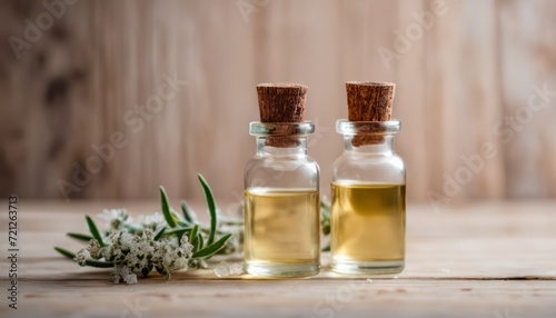 Two bottles of essential oil on a wooden table